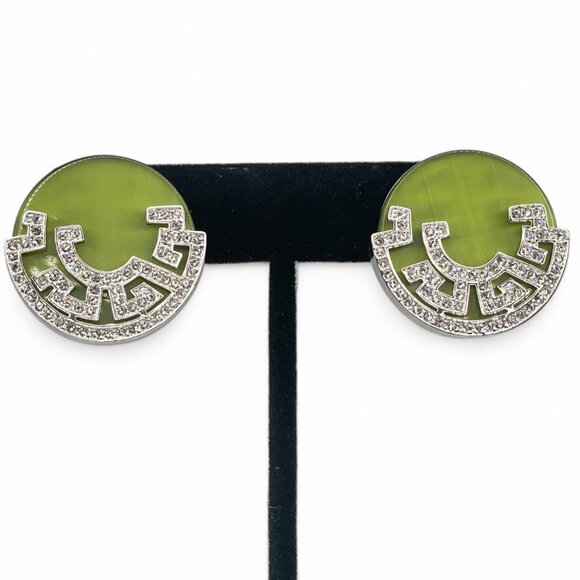 Vintage BUTLER 5th Ave Jade Glass & Pave Rhinestone Silver Tone Clip on Earrings - Picture 1 of 10